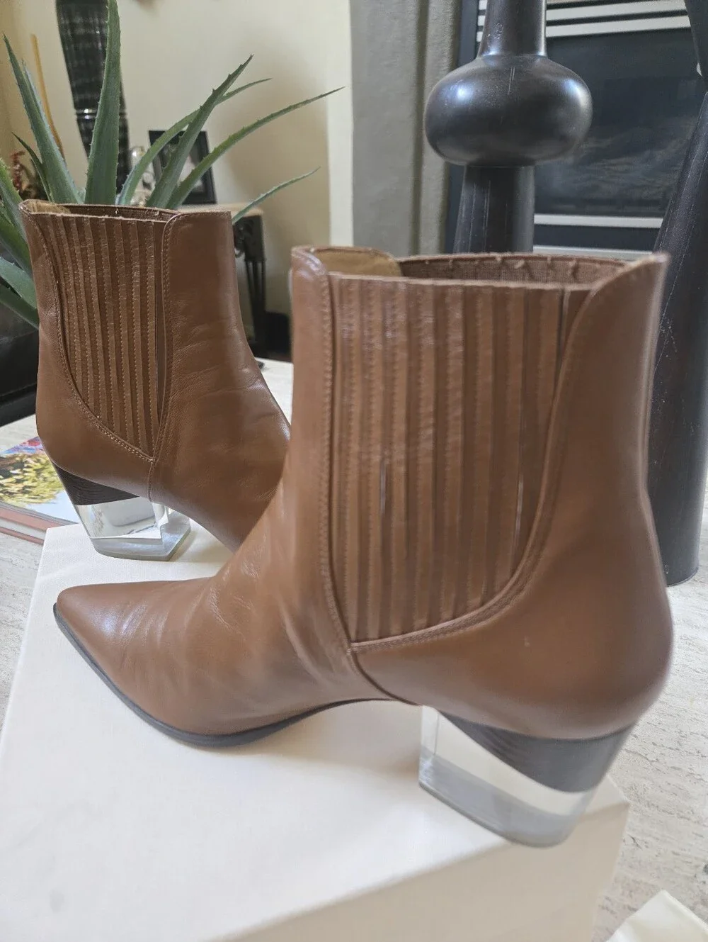 *Birman* Bravo Ankle Bootie with Clear Block Heel In Cognac Leather - Size 9/40